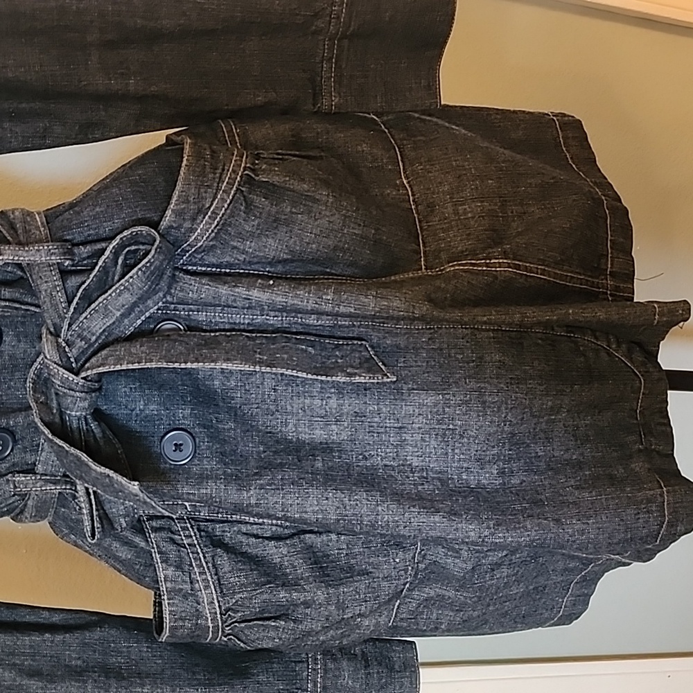 French Cuff Blue Demin Jeans Cotton Belt Pocket Trench Coat Jacket Women's Sz L - Picture 2 of 9